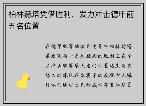 柏林赫塔凭借胜利，发力冲击德甲前五名位置